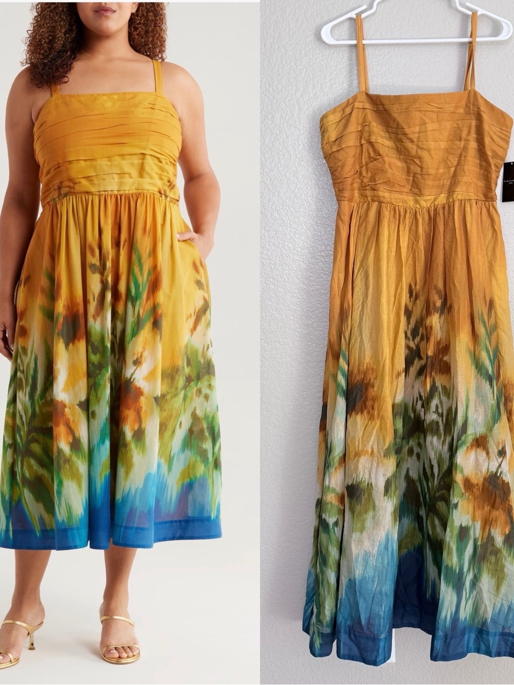 Tahari ASL Ruched Bodice Cotton Mustard Floral Midi Dress